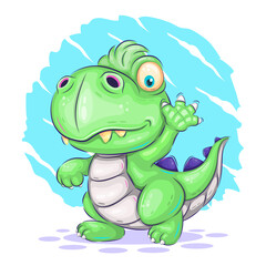 Cartoon dino walking.
Cute illustration of Little dino on a walk waving hand. Positive and unique design. Use the product to print on clothing, accessories, party decorations, labels and stickers, kid