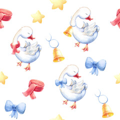 Watercolor pattern goose with bow,bell,star