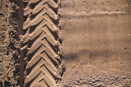Fototapeta sand with tractor wheel tread on it
