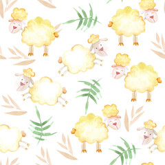 seamless watercolor cartoon pattern cute, curly lamb. childrens watercolor illustration, childrens design of cards, invitations