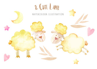 Hand drawing watercolor сhildren's illustration- cute little sheep with stars, leaves,hearts. illustration isolated on white background perfect for fabric textile