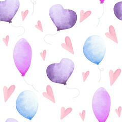 Watercolor baby shower pattern. Pink, blue, violete baloons on the white background. For design, print or background.