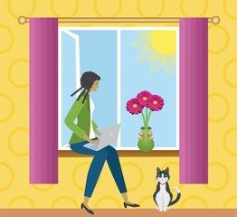 Working at home. Woman sitting in open window with her laptop. Sun is shining, flowers. Cat is happy that she´s at home. Vector illustration. EPS10.