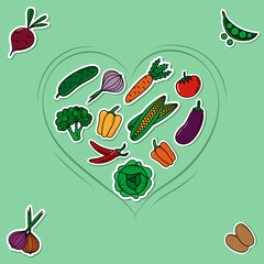 Set of vector vegetables stickers in heart frame. Collection of cartoon elements with shadows on the light background. Colorful stickers with healthy food