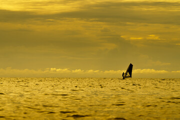 The golden silhouette of a windsurfer playing surfing board in the sea at sunset.