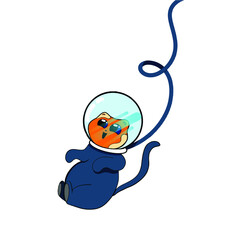 ginger cat in zero gravity in a spacesuit on a white background.