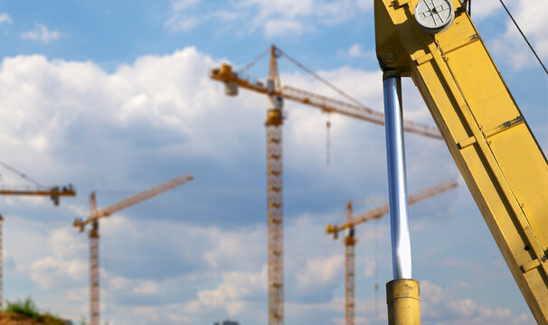 Part of a construction machine (excavator or crane) on the background construction site, industrial image. Moscow, Russia