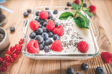 Portion of yogurt with berries serving in glass bowl.