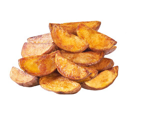 bunch of fried potato wedges isolated on a white background.