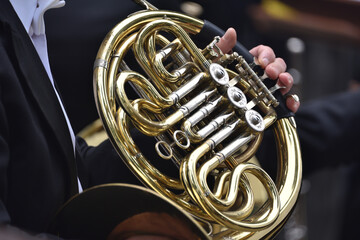 A French horn in the hands of a musician, during a classical music concert