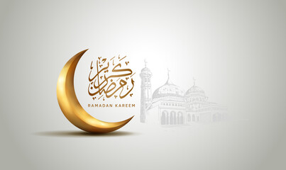 Ramadan Design vector with calligraphy, mosque and moon golden color isolated on white background