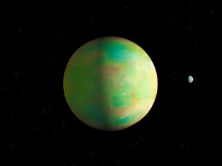 Beautiful abstract background. Green planet with a solid surface has a satellite 3d illustration. 