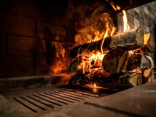 Fireplace lit with burning wood flame. color