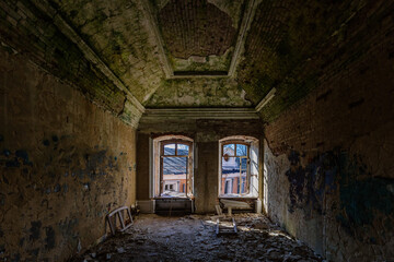 Old ruined abandoned historical mansion, inside view