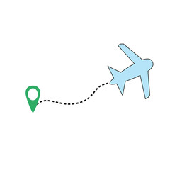Airplane and navigator icon. The path of the plane. Map. Vector graphics