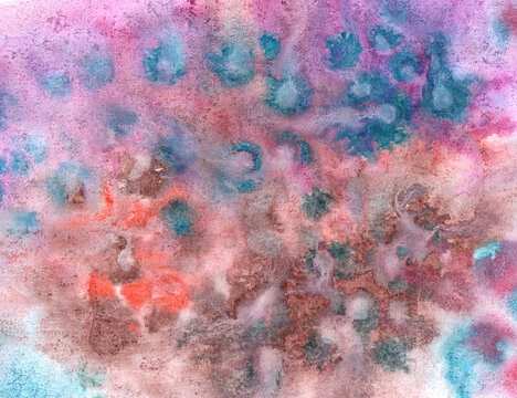 abstract watercolor lilac textural background with pink and blue paint spots, strokes