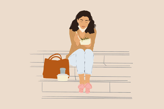 Pretty woman have outdoor lunch while sitting on the stairs. Healthy meal for takeaway. With lowered protective mask on her chin and social distance alone. Copy space. Vector illustration 
