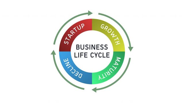 Business Life Cycle - Startup Growth Maturity Decline Diagram Cycle Animation on White Background