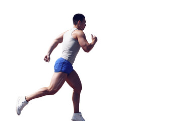 Fitness male runner in motion, athlete running isolated on a white background, sport concept, side view