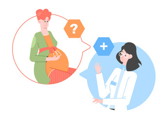 Pregnant cute woman expectant mother at the consultation with the doctor. Health care, pregnancy management, answers and questions, useful tips. Vector flat illustration.
