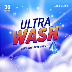 Detergent package design template with lens flare and realistic soap foam.