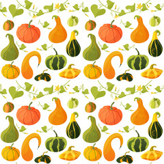 Fototapeta premium Different pumpkin with leaves seamless pattern, vector illustration in cartoon style 