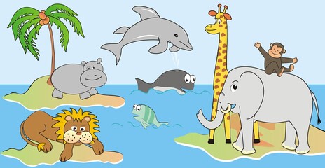Group of animals on island and marine life, funny vector illustration