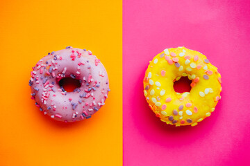 Two sugar glazed donuts on colorful background.