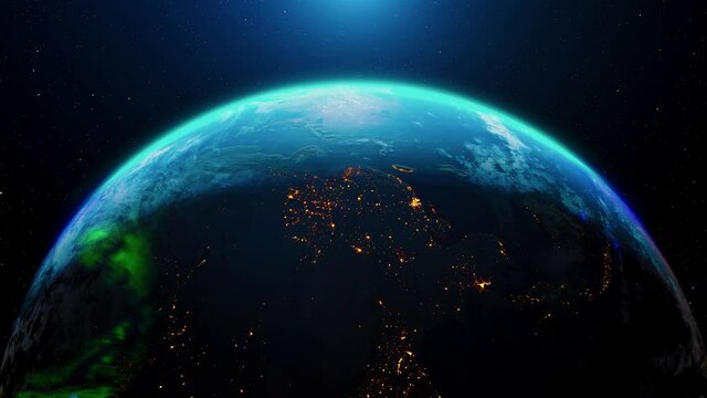 Earth from space rotation day to night skyline with aurora light. The globe spinning on satellite view space.  Realistic 3d rendering animation. elements of this image furnished by NASA. Loop able