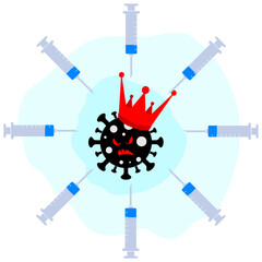 Angry aggressive black virus coronavirus covid-19 with a royal crown on its head surrounded by syringes with vaccine medicine. Fighting the epidemic