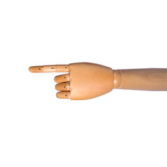 Wooden hand with outstretched forefinger isolated on white background.