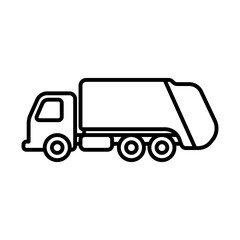 Garbage truck icon. Black contour linear silhouette. Side view. Vector simple flat graphic illustration. The isolated object on a white background. Isolate.