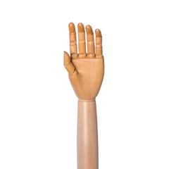 Opened wooden mannequin hand isolated on white background.
