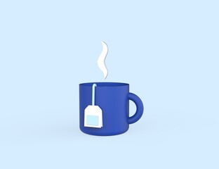 Blue Cup of tea with tea bag. 3D render icon isolated blue background.