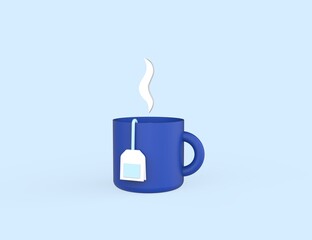 Blue Cup of tea with tea bag. 3D render icon isolated blue background.
