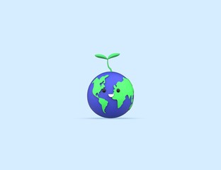 World Environment Day concept 3D happy cute Earth with sprout. Save the planet. Render model isolated blue background.