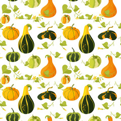 Orange and green pumpkin with leaves seamless pattern, vector illustration in cartoon style