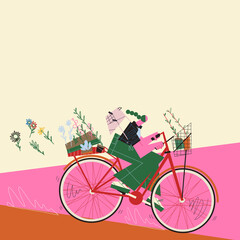 Young adult woman riding his bike transporting plants and flowerpots through the street moving fast. Green and environmentalism concept. - 429272234