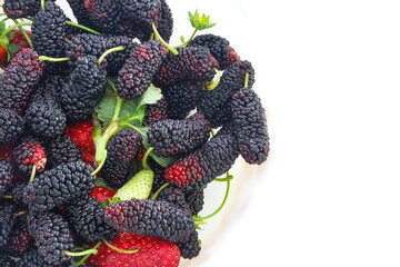 Varieties of red strawberry and black mulberry  on a white background, copy space, summer fruits.