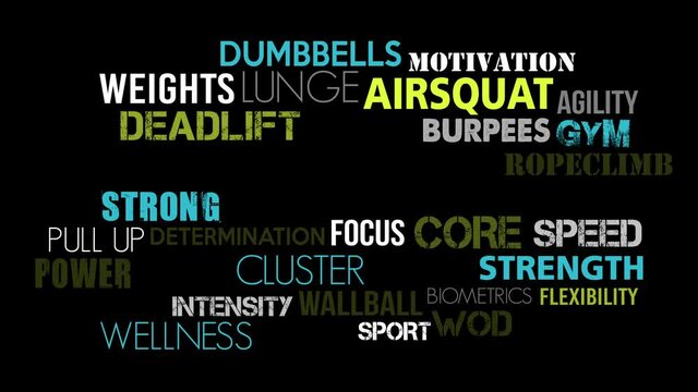 Fitness sport word cloud tag concept motion video 4K