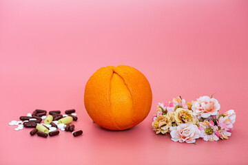 Ugly orange on a pink background with medicines and flowers. The concept of treatment and...