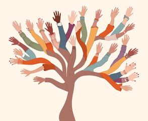 Group of hands of diverse and multi-ethnic people.Tree with branches made of human hands and arms.Community concept - racial equality - cooperation - friendship.Diversity people teamwork