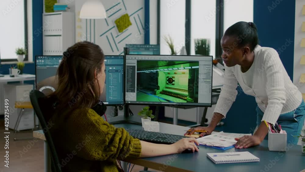 Poster mixed races of game creators testing the interface of videogame, analysing software problems. divers