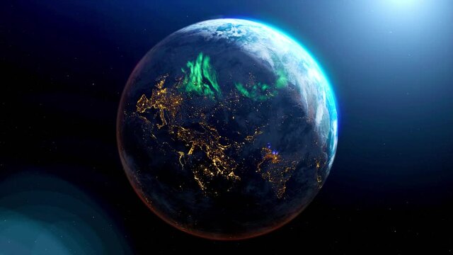 Earth from space rotation day to night skyline with aurora light. The globe spinning on satellite view space travel. Realistic 3d rendering animation. elements of this image furnished by NASA. 