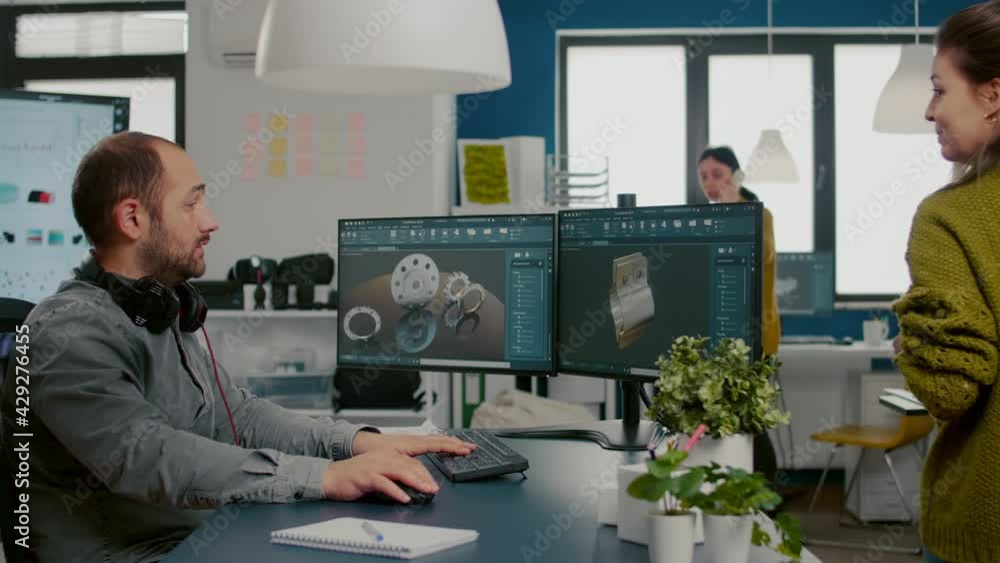 Poster diverse team of engineer architects working on modern cad program developing construction metalic co