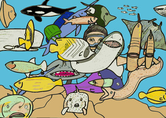SCUBA Diver with Collage of Life Found in the Ocean