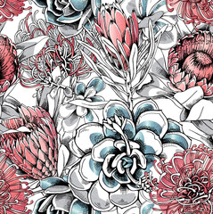 Seamless floral pattern. Protea flowers and succulents. Textile composition, hand drawn style print. Vector illustration.