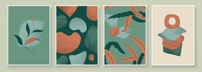 Naklejka premium Green Abstract Botanical Organic Art Illustration. Set of soft color painting wall art for house decoration. Minimalistic canvas background design. Vector wall art plants in boho style.