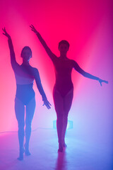 Obraz na płótnie Canvas The two modern ballet dancers in black and red bodysuit, studio
