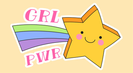 Cute fashion patch with girl power lettering next to yellow star with rainbow